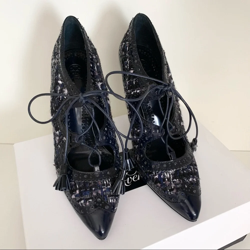 Tory Burch tweed tassel lace up oxford heels